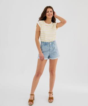 Short en jean délavé coupe ample et taille paper bag à motifs brodés femme vue4 - GEMO(FEMME PAP) - GEMO