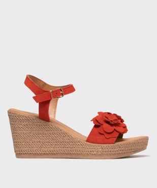 Sandales en cuir à talon compensé et fleurs en relief femme - Tanéo vue2 - TANEO - GEMO