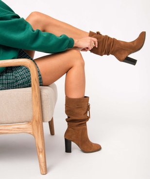 Bottes femme à talon dessus cuir retourné plissé - Tanéo vue1 - TANEO - GEMO