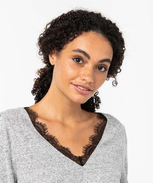 Tee-shirt femme à manches longues avec col V en dentelle contrastante vue2 - GEMO(FEMME PAP) - GEMO