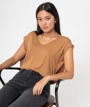 Tee-shirt femme à manches courtes avec col V en dentelle vue1 - GEMO 4G FEMME - GEMO