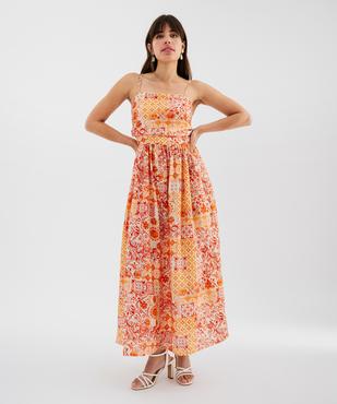 Robe longue à fines bretelles en viscose texturée à dos smocké femme vue1 - GEMO 4G FEMME - GEMO