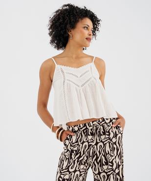 Top à bretelles en coton froissé à broderies et galon de dentelle femme vue1 - GEMO(FEMME PAP) - GEMO