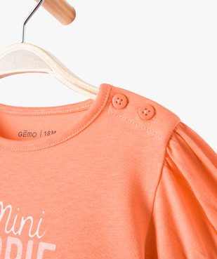 Tee-shirt bébé fille à manches ballon et message pailleté vue2 - GEMO(BEBE DEBT) - GEMO