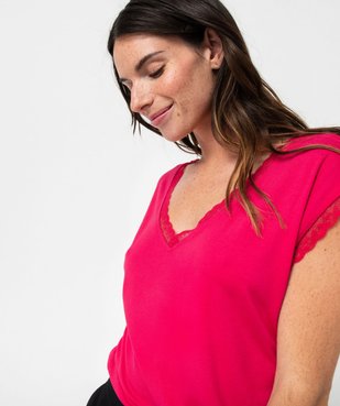 Tee-shirt femme à manches courtes avec col V en dentelle vue2 - GEMO 4G FEMME - GEMO