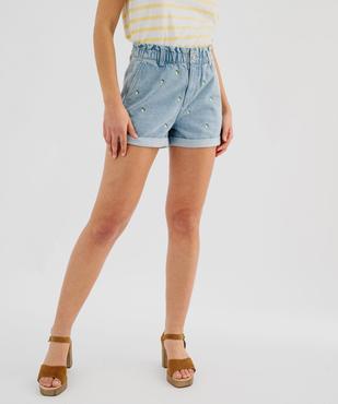Short en jean délavé coupe ample et taille paper bag à motifs brodés femme vue1 - GEMO(FEMME PAP) - GEMO