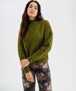 Pull en maille chinée torsadée à col cheminée femme vue2 - GEMO 4G FEMME - GEMO
