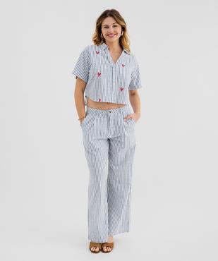 Pantalon large en coton rayé et texturé femme vue4 - GEMO(FEMME PAP) - GEMO
