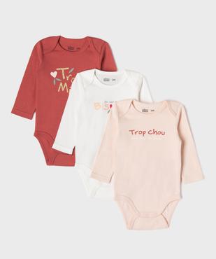 Bodies manches longues avec messages bébé fille (lot de 3) vue1 - GEMO 4G BEBE - GEMO