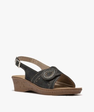 Sandales femme confort à talon compensée avec bride scratch strassée vue2 - GEMO (CONFORT) - GEMO