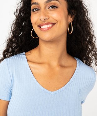 Tee-shirt manches courtes et col V en maille côtelée femme - LuluCastagnette vue2 - GEMO(FEMME PAP) - GEMO