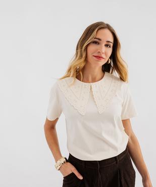 Tee-shirt manches courtes avec grand col brodé femme vue2 - GEMO(FEMME PAP) - GEMO