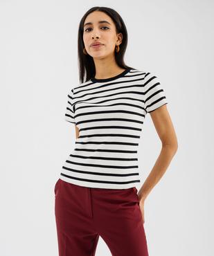nches courtes et col rond rayé en maille côtelée femme vue1 - GEMO 4G FEMME - GEMO