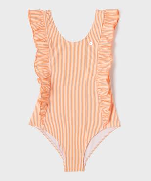 Maillot de bain 1 pièce en matière gaufrée, rayée, à volants fille - LuluCastagnette vue1 - LULUCASTAGNETTE - GEMO
