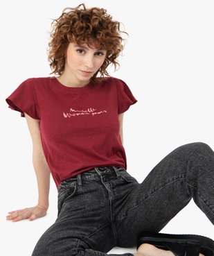 Tee-shirt femme à manches volantées avec message vue1 - GEMO(FEMME PAP) - GEMO