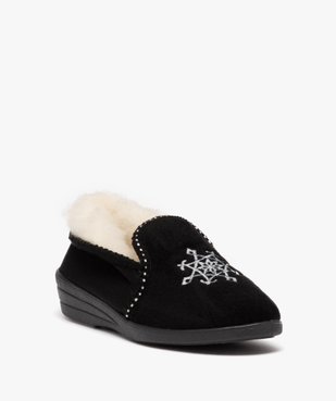 Chaussons femme pantoufles unies à col retourné avec semelle compensée et dessus brodé vue2 - GEMO 4G FEMME - GEMO