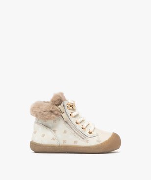 Chaussures premiers pas bébé fille boots en cuir à col duveteux et semelle pailletée - Alma Planète vue1 - ALMA - GEMO
