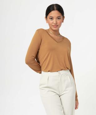 Tee-shirt femme à manches longues et col V en dentelle vue1 - GEMO 4G FEMME - GEMO