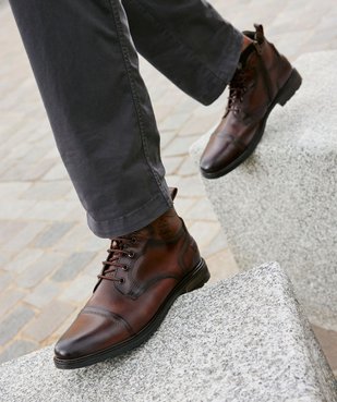 Boots homme dessus en cuir uni à zip et à lacets vue1 - GEMO (CASUAL) - GEMO