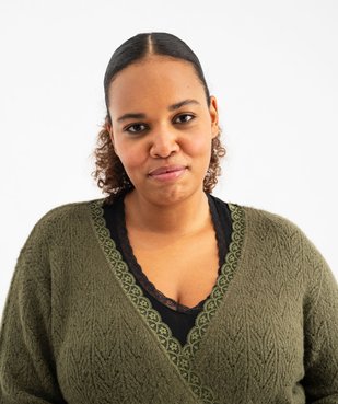 Pull en maille ajourée et encolure cache-cœur à dentelle femme grande taille vue2 - GEMO (G TAILLE) - GEMO