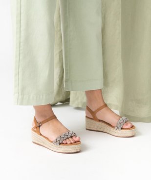 Sandales femme compensées à bride strass tressée vue1 - GEMO(URBAIN) - GEMO