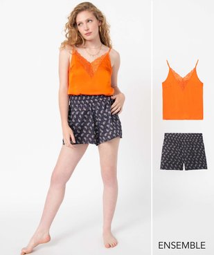 Ensemble de pyjama caraco orange et short bleu marine à motifs femme - GEMO