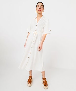 Robe chemise longue à manches courtes en lin et viscose femme vue1 - GEMO 4G FEMME - GEMO