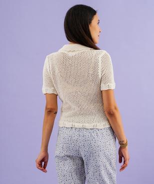 Pull manches courtes en maille ajourée à col Claudine boutonné femme vue1 - GEMO 4G FEMME - GEMO