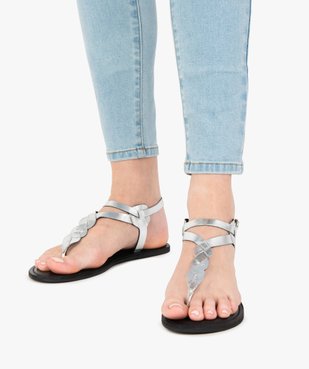 Sandales femme à talon plat et brides métallisées en cuir vue1 - GEMO (CASUAL) - GEMO