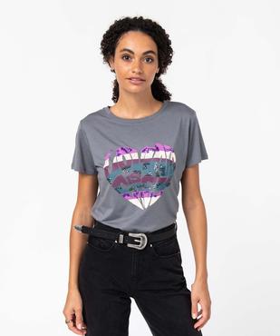 Tee-shirt femme à manches courtes avec large motif à sequins vue1 - GEMO 4G FEMME - GEMO