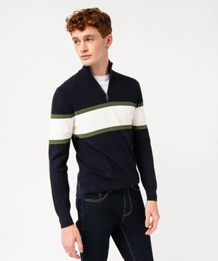 Pull tricolore à col montant zippé homme vue1 - GEMO 4G HOMME - GEMO
