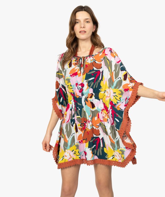 Robe de plage femme style bohème à fleurs et dos macramé vue1 - GEMO (PLAGE) - GEMO