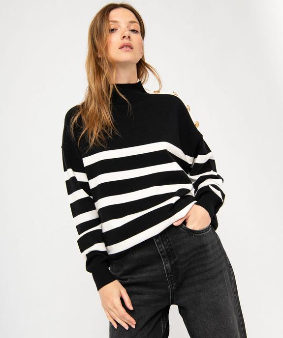 Pull rayé loose à col cheminée et boutons femme vue1 - GEMO 4G FEMME - GEMO