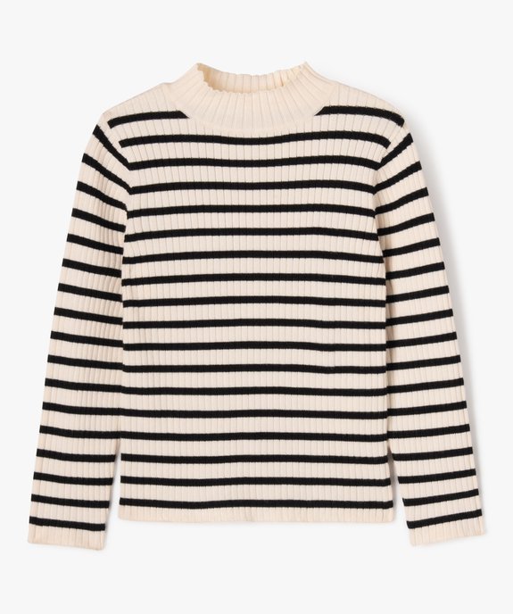 Pull rayé en maille côtelée à col montant fille vue1 - GEMO 4G FILLE - GEMO