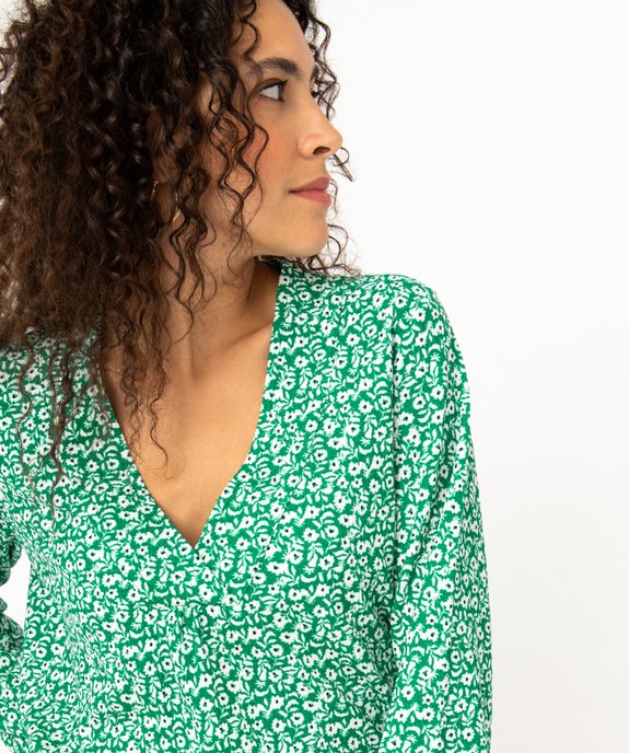 Tee-shirt à manches longues et col V à motifs fleuris femme vue2 - GEMO 4G FEMME - GEMO