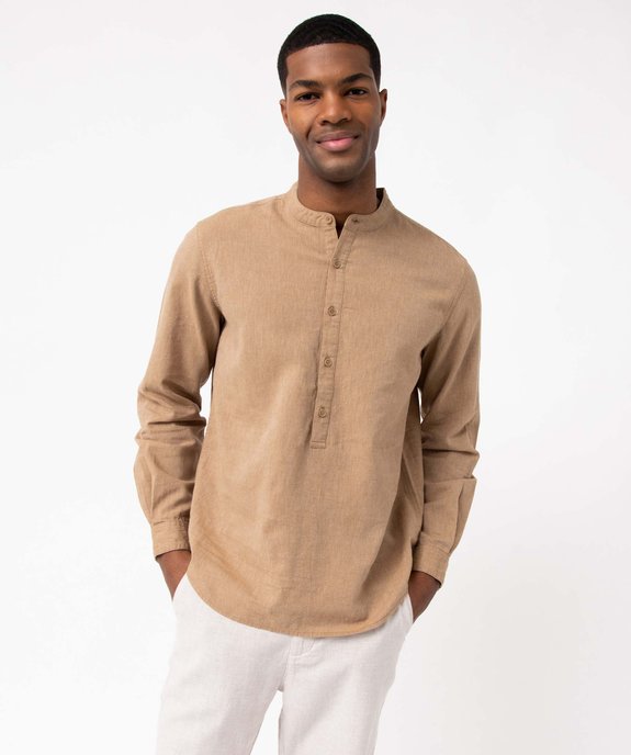 Chemise homme en lin mélangé à manches longues et col tunisien vue1 - GEMO 4G HOMME - GEMO