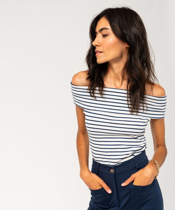Tee-shirt sans manches rayé à col bénitier femme vue2 - GEMO(FEMME PAP) - GEMO