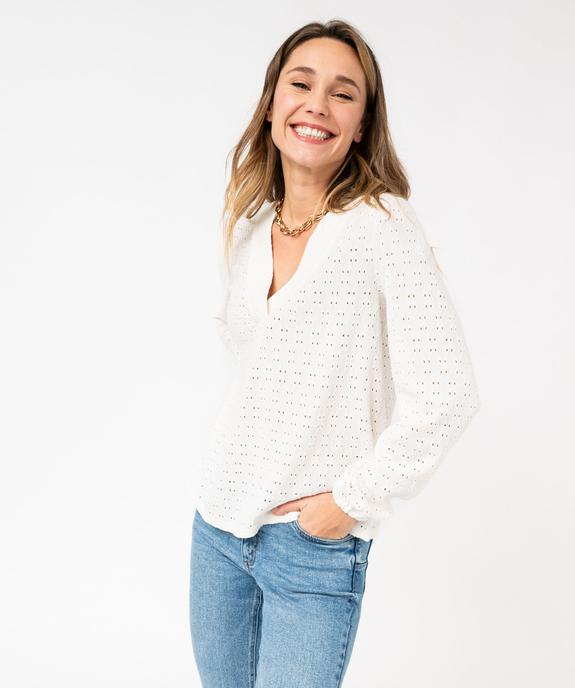 Tee-shirt à manches longues et col V en maille ajourée femme vue1 - GEMO 4G FEMME - GEMO