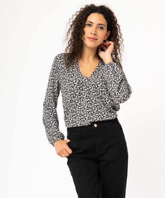 Tee-shirt à manches longues et col V à motifs fleuris femme vue1 - GEMO 4G FEMME - GEMO
