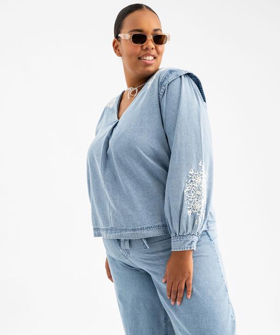 Blouse en jean à manches longues et broderies femme grande taille vue1 - GEMO (G TAILLE) - GEMO