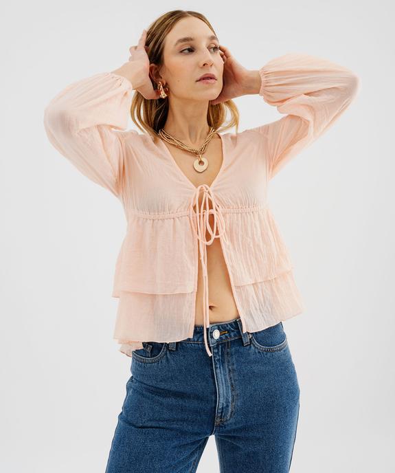 Blouse manches longues à volants et liens à nouer femme vue1 - GEMO(FEMME PAP) - GEMO