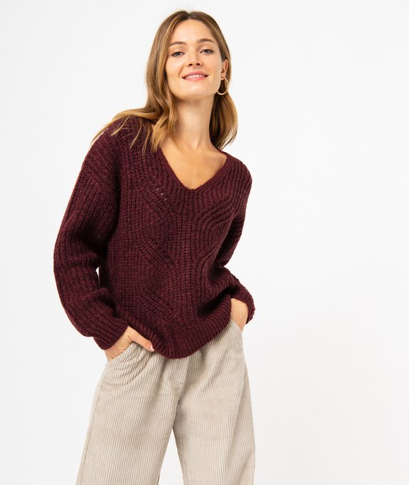 Pull à col V en maille ajourée à paillettes femme  vue1 - GEMO(FEMME PAP) - GEMO