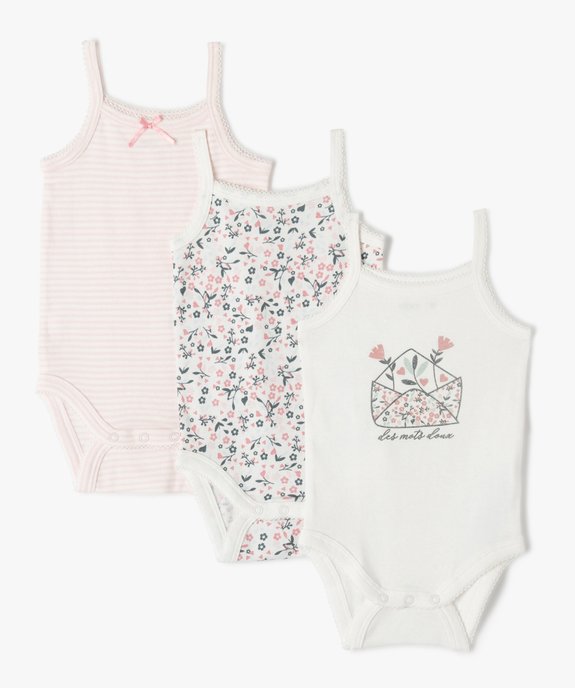 Body bébé fille à bretelles motifs fleurs et rayures 100% coton biologique (lot de 3) vue1 - GEMO 4G BEBE - GEMO