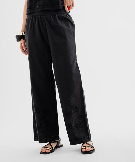 Pantalon large en coton avec bas de jambe brodés et ajourés femme vue1 - GEMO(FEMME PAP) - GEMO