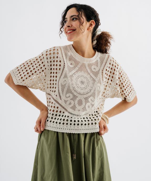 Pull manches courtes ajouré façon crochet femme vue1 - GEMO(FEMME PAP) - GEMO