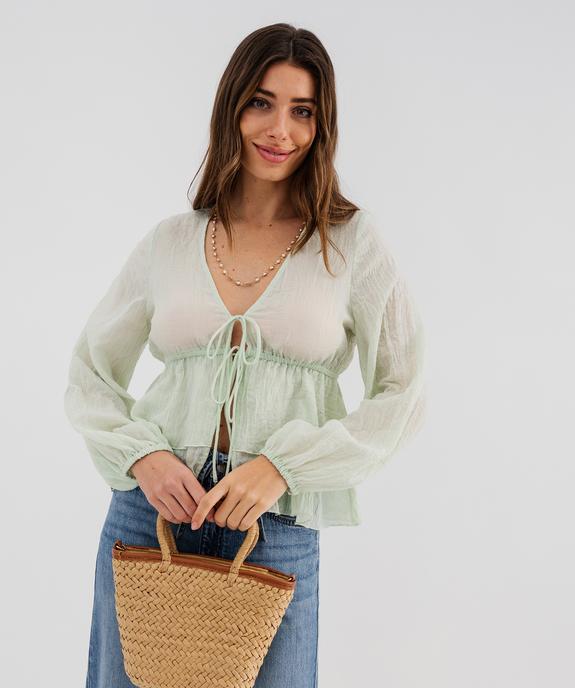 Blouse manches longues à volants et liens à nouer femme vue1 - GEMO(FEMME PAP) - GEMO