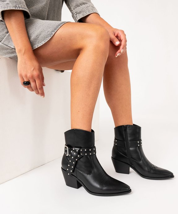 Boots femme à talon cubain santiags bout surpiqué avec brides fantaisie cloutées vue1 - FOLLOW ME - GEMO