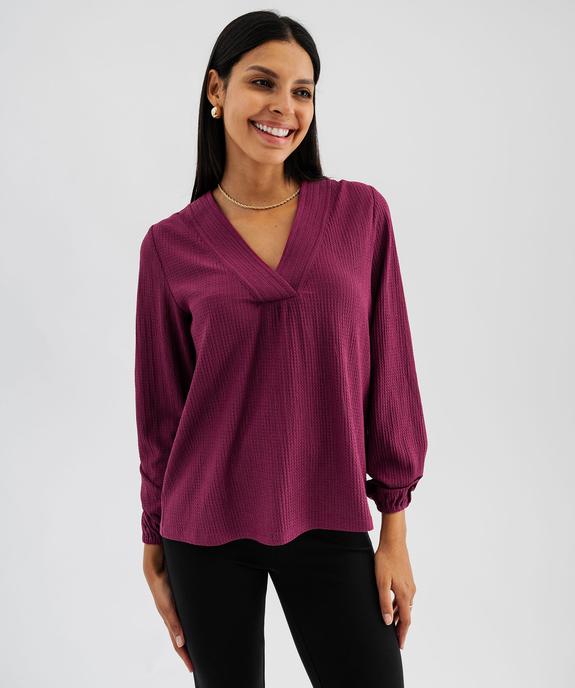 Tee-shirt à manches longues et col V en maille texturée femme vue1 - GEMO 4G FEMME - GEMO