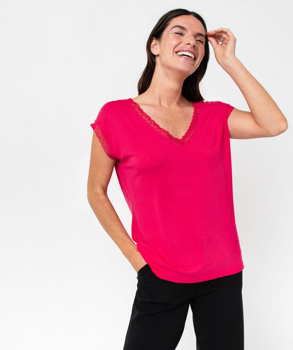 Tee-shirt femme à manches courtes avec col V en dentelle vue5 - GEMO 4G FEMME - GEMO