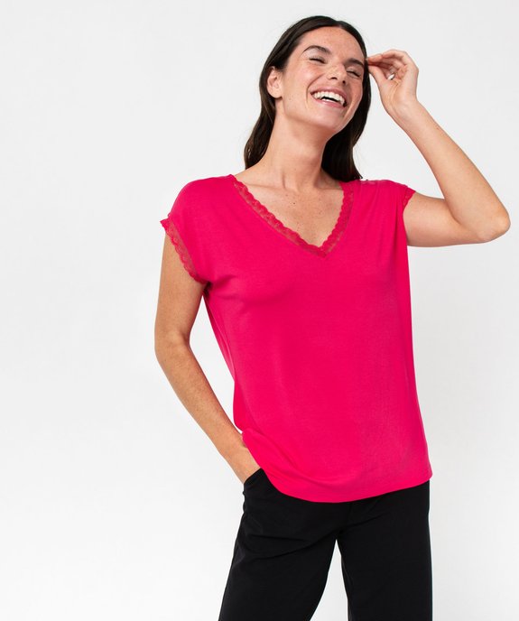 Tee-shirt femme à manches courtes avec col V en dentelle vue5 - GEMO 4G FEMME - GEMO
